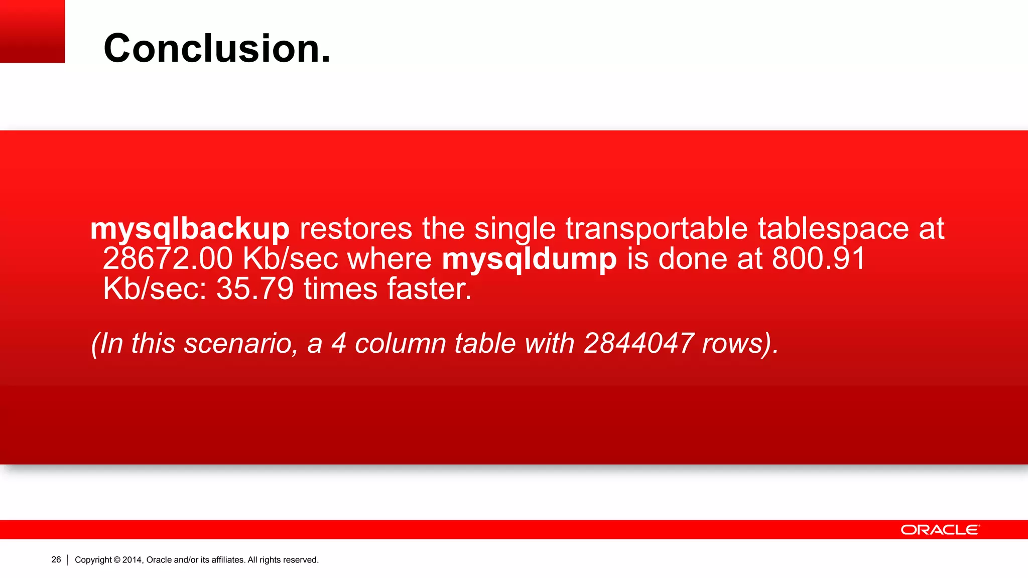 Conclusion.

mysqlbackup restores the single transportable tablespace at
28672.00 Kb/sec where mysqldump is done at 800.91
Kb/sec: 35.79 times faster.
(In this scenario, a 4 column table with 2844047 rows).

26

Copyright © 2014, Oracle and/or its affiliates. All rights reserved.

 