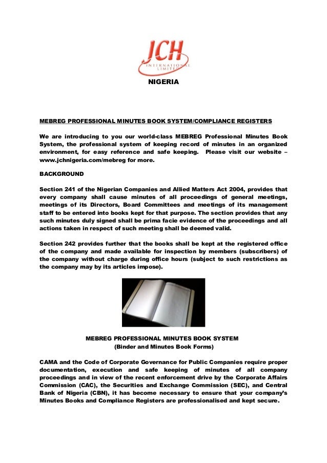 mebreg professional minutes book system nigeria