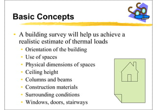 Basic Concepts
• A building survey will help us achieve ag y p
realistic estimate of thermal loads
• Orientation of the building• Orientation of the building
• Use of spaces
• Physical dimensions of spaces
• Ceiling heightCeiling height
• Columns and beams
C i i l• Construction materials
• Surrounding conditions
• Windows, doors, stairways
 