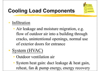 Cooling Load Components
• InfiltrationInfiltration
• Air leakage and moisture migration, e.g.
flow of outdoor air into a building through
cracks unintentional openings normal usecracks, unintentional openings, normal use
of exterior doors for entrance
• System (HVAC)
• Outdoor ventilation air
• System heat gain: duct leakage & heat gain• System heat gain: duct leakage & heat gain,
reheat, fan & pump energy, energy recovery
 