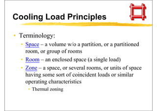 Cooling Load Principles
• Terminology:Terminology:
• Space – a volume w/o a partition, or a partitioned
froom, or group of rooms
• Room – an enclosed space (a single load)p ( g )
• Zone – a space, or several rooms, or units of space
having some sort of coincident loads or similarhaving some sort of coincident loads or similar
operating characteristics
• Thermal zoning
 