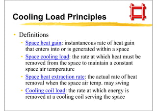 Cooling Load Principles
• Definitions
• Space heat gain: instantaneous rate of heat gain
that enters into or is generated within a spacethat enters into or is generated within a space
• Space cooling load: the rate at which heat must be
d f th t i t i t tremoved from the space to maintain a constant
space air temperature
• Space heat extraction rate: the actual rate of heat
removal when the space air temp. may swing
• Cooling coil load: the rate at which energy is
removed at a cooling coil serving the spaceg g p
 
