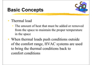 Basic Concepts
• Thermal loadThermal load
• The amount of heat that must be added or removed
f h i i hfrom the space to maintain the proper temperature
in the space
• When thermal loads push conditions outside
f th f t HVAC t dof the comfort range, HVAC systems are used
to bring the thermal conditions back tog
comfort conditions
 