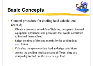 Basic Concepts
• General procedure for cooling load calculationsp g
(cont’d)
• Obtain a proposed schedule of lighting occupants internal• Obtain a proposed schedule of lighting, occupants, internal
equipment appliances and processes that would contribute
to internal thermal loadto internal thermal load
• Select the time of day and month for the cooling load
calculationcalculation
• Calculate the space cooling load at design conditions
• Assess the cooling loads at several different time or a
design day to find out the peak design load
 