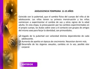 ADOLESCENCIA TEMPRANA 11-15 AÑOS
Coincide con la pubertad, que el cambio físico del cuerpo del niño al de
adolescente. Las niñas tienen su primera menstruación y los niños
comienzan a experimentar el cambio de voz y otros signos de la edad
adulta. En esta etapa, la preocupación por los cambios experimentados en
el propio cuerpo, las dudas sobre sexo y el contacto con grupos de amigos
del mismo sexo para forjar la identidad, son primordiales.
 Llegada de la pubertad con velocidad distinta dependiendo de cada
adolescente.
 Aumento de apetito en épocas de crecimiento. Necesitan dormir más.
 Desarrollo de los órganos sexuales, cambios en la voz, posible olor
corporal.
 
