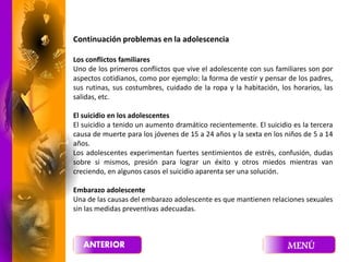 Continuación problemas en la adolescencia
Los conflictos familiares
Uno de los primeros conflictos que vive el adolescente con sus familiares son por
aspectos cotidianos, como por ejemplo: la forma de vestir y pensar de los padres,
sus rutinas, sus costumbres, cuidado de la ropa y la habitación, los horarios, las
salidas, etc.
El suicidio en los adolescentes
El suicidio a tenido un aumento dramático recientemente. El suicidio es la tercera
causa de muerte para los jóvenes de 15 a 24 años y la sexta en los niños de 5 a 14
años.
Los adolescentes experimentan fuertes sentimientos de estrés, confusión, dudas
sobre si mismos, presión para lograr un éxito y otros miedos mientras van
creciendo, en algunos casos el suicidio aparenta ser una solución.
Embarazo adolescente
Una de las causas del embarazo adolescente es que mantienen relaciones sexuales
sin las medidas preventivas adecuadas.
 
