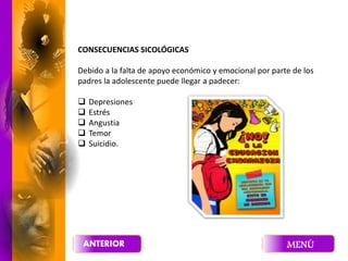 CONSECUENCIAS SICOLÓGICAS
Debido a la falta de apoyo económico y emocional por parte de los
padres la adolescente puede llegar a padecer:
 Depresiones
 Estrés
 Angustia
 Temor
 Suicidio.
 