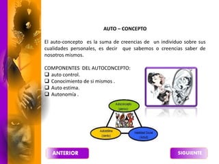 AUTO – CONCEPTO
El auto-concepto es la suma de creencias de un individuo sobre sus
cualidades personales, es decir que sabemos o creencias saber de
nosotros mismos.
COMPONENTES DEL AUTOCONCEPTO:
 auto control.
 Conocimiento de si mismos .
 Auto estima.
 Autonomía .
 