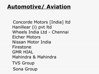 Automotive/ Aviation Concorde Motors [India] ltd Hanillear (i) pvt ltd Wheels India Ltd - Chennai Eicher Motors Nissan Motor India Firestone  GMR HIAL Mahindra & Mahindra TVS Group Sona Group 