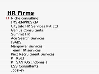 HR Firms Niche consulting IMS-EMPRESRIA CityInfo HR Services Pvt Ltd Genius Consultants Summit HR Ace Search Services ISABS Manpower services Team HR services Pact Recruitment Services PT KSEI PT SANTOS Indonesia ESS Consultants Jobskey 