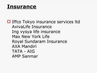 Insurance   Iffco Tokyo insurance services ltd AvivaLife Insurance Ing vysya life insurance Max New York Life Royal Sundaram Insurance AXA Mandiri TATA - AIG AMP Sanmar 
