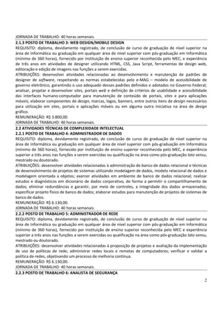 2
JORNADA DE TRABALHO: 40 horas semanais.
2.1.3 POSTO DE TRABALHO 3: WEB DESIGN/MOBILE DESIGN
REQUISITO: diploma, devidamente registrado, de conclusão de curso de graduação de nível superior na
área de Informática ou graduação em qualquer área de nível superior com pós-graduação em Informática
(mínimo de 360 horas), fornecido por instituição de ensino superior reconhecida pelo MEC, e experiência
de três anos em atividades de designer utilizando HTML, CSS, Java Script, ferramentas de design web,
editoração e edição de imagens nas funções a serem exercidas.
ATRIBUIÇÕES: desenvolver atividades relacionadas ao desenvolvimento e manutenção de padrões de
designer de software, respeitando as normas estabelecidas pelo e-MAG – modelo de acessibilidade de
governo eletrônico, garantindo o uso adequado desses padrões definidos e adotados no Governo Federal;
analisar, projetar e desenvolver sites, portais web e definição de critérios de usabilidade e acessibilidade
das interfaces humano-computador para manutenção de conteúdo de portais, sites e para aplicações
móveis; elaborar componentes de design, marcas, logos, banners, entre outros itens de design necessários
para utilização em sites, portais e aplicações móveis ou em alguma outra iniciativa na área de design
gráfico.
REMUNERAÇÃO: R$ 3.800,00.
JORNADA DE TRABALHO: 40 horas semanais.
2.2 ATIVIDADES TÉCNICAS DE COMPLEXIDADE INTELECTUAL
2.2.1 POSTO DE TRABALHO 4: ADMINISTRADOR DE DADOS
REQUISITO: diploma, devidamente registrado, de conclusão de curso de graduação de nível superior na
área de Informática ou graduação em qualquer área de nível superior com pós-graduação em Informática
(mínimo de 360 horas), fornecido por instituição de ensino superior reconhecida pelo MEC, e experiência
superior a três anos nas funções a serem exercidas ou qualificação na área como pós-graduação lato sensu,
mestrado ou doutorado.
ATRIBUIÇÕES: desenvolver atividades relacionadas à administração de banco de dados relacional e técnicas
de desenvolvimento de projetos de sistemas utilizando modelagem de dados, modelo relacional de dados e
modelagem orientada a objetos; exercer atividades em ambiente de banco de dados relacional; realizar
estudos e diagnósticos em dicionário de dados corporativo, de forma a permitir o compartilhamento de
dados; eliminar redundâncias e garantir, por meio de controles, a integridade dos dados armazenados;
especificar projeto físico de banco de dados; elaborar estudos para manutenção de projetos de sistemas de
banco de dados.
REMUNERAÇÃO: R$ 6.130,00.
JORNADA DE TRABALHO: 40 horas semanais.
2.2.2 POSTO DE TRABALHO 5: ADMINISTRADOR DE REDE
REQUISITO: diploma, devidamente registrado, de conclusão de curso de graduação de nível superior na
área de Informática ou graduação em qualquer área de nível superior com pós-graduação em Informática
(mínimo de 360 horas), fornecido por instituição de ensino superior reconhecida pelo MEC e experiência
superior a três anos nas funções a serem exercidas ou qualificação na área como pós-graduação lato sensu,
mestrado ou doutorado.
ATRIBUIÇÕES: desenvolver atividades relacionadas à proposição de projetos e avaliação da implementação
de uso de políticas de rede; administrar redes locais e remotas de computadores; verificar e validar a
política de redes, objetivando um processo de melhoria contínua.
REMUNERAÇÃO: R$ 6.130,00.
JORNADA DE TRABALHO: 40 horas semanais.
2.2.3 POSTO DE TRABALHO 6: ANALISTA DE SEGURANÇA
 