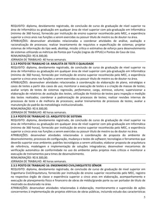 5
REQUISITO: diploma, devidamente registrado, de conclusão de curso de graduação de nível superior na
área de Informática ou graduação em qualquer área de nível superior com pós-graduação em Informática
(mínimo de 360 horas), fornecido por instituição de ensino superior reconhecida pelo MEC, e experiência
superior a cinco anos nas funções a serem exercidas ou possuir título de mestre ou de doutor na área.
ATRIBUIÇÕES: desenvolver atividades relacionadas a coordenar atividades de análise, avaliação e
racionalização de processos; realizar levantamento de requisitos e especificação de sistemas; projetar
sistemas de informação do tipo web, desktop, missão crítica e estimativa de esforço para desenvolvimento
de sistemas utilizando as métricas de Pontos por Função (regras do IFPUG) e Pontos de Caso de Uso.
REMUNERAÇÃO: R$ 8.300,00.
JORNADA DE TRABALHO: 40 horas semanais.
2.3.3 POSTO DE TRABALHO 14: ANALISTA DE TESTE E QUALIDADE
REQUISITO: diploma, devidamente registrado, de conclusão de curso de graduação de nível superior na
área de Informática ou graduação em qualquer área de nível superior com pós-graduação em Informática
(mínimo de 360 horas), fornecido por instituição de ensino superior reconhecida pelo MEC, e experiência
superior a cinco anos nas funções a serem exercidas ou possuir título de mestre ou de doutor na área.
ATRIBUIÇÕES: desenvolver atividades relacionadas à coordenação da elaboração de plano, estratégias e
casos de testes a partir dos casos de uso; monitorar a execução de testes e a criação de massas de testes;
avaliar scripts de testes de sistemas regressão, performance, carga, estresse, volume; supervisionar a
elaboração de relatórios de avaliação dos testes, utilização de histórico de testes para inspeção e medição
dos testes realizados; coordenar a padronização de processos de testes; realizar revisões internas de
processos de teste e de melhoria de processos; avaliar treinamentos de processos de testes; avaliar a
manutenção do padrão da metodologia institucionalizado.
REMUNERAÇÃO: R$ 8.300,00.
JORNADA DE TRABALHO: 40 horas semanais.
2.3.4 POSTO DE TRABALHO 15: ARQUITETO DE SISTEMA
REQUISITO: diploma, devidamente registrado, de conclusão de curso de graduação de nível superior na
área de Informática ou graduação em qualquer área de nível superior com pós-graduação em Informática
(mínimo de 360 horas), fornecido por instituição de ensino superior reconhecida pelo MEC, e experiência
superior a cinco anos nas funções a serem exercidas ou possuir título de mestre ou de doutor na área.
ATRIBUIÇÕES: desenvolver atividades relacionadas à coordenação de proposta do ambiente de
desenvolvimento; processos de configuração, mudança e testes de software; tecnologias e ferramentas que
deverão suportar esse ambiente; padrões tecnológicos a serem utilizados; elaborar proposta de arquitetura
de referência, modelagem e implementação de soluções integradoras; desenvolver mecanismos de
verificação automática de conformidade no uso do ambiente pelos projetos mais críticos e monitorar a
execução de treinamentos para times de desenvolvimento.
REMUNERAÇÃO: R$ 8.300,00.
JORNADA DE TRABALHO: 40 horas semanais.
2.3.5 POSTO DE TRABALHO 16: ENGENHEIRO CIVIL/ARQUITETO SÊNIOR
REQUISITO: diploma, devidamente registrado, de conclusão de curso de graduação de nível superior em
Engenharia Civil/Arquitetura, fornecido por instituição de ensino superior reconhecida pelo MEC, registro
no respectivo órgão de classe e experiência superior a cinco anos em elaboração, acompanhamento e
execução de planejamento físico e financeiro de obras de médio/grande porte ou ser portador de título de
mestrado ou doutorado na área.
ATRIBUIÇÕES: desenvolver atividades relacionadas à elaboração, monitoramento e supervisão de ações
concernentes à implementação de projetos elétricos de obras públicas, incluindo estudo das características
 