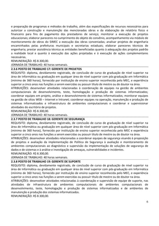 6
e preparação de programas e métodos de trabalho, além das especificações de recursos necessários para
autorizar a construção e manutenção das mencionadas obras e da elaboração de relatório físico e
financeiro para fins de pagamento dos prestadores de serviço; monitorar a execução de projetos
educacionais; elaborar pareceres no cumprimento do objeto do convênio, acompanhamento via módulo de
monitoramento de obras do SIMEC a execução das obras conveniadas; analisar projetos de engenharia
encaminhados pelas prefeituras municipais e secretarias estaduais; elaborar pareceres técnicos de
engenharia; prestar assistência técnica as entidades beneficiadas quanto à adequação dos projetos padrão
a realidade local e quanto à execução das ações projetadas e à execução de ações complementares
necessárias.
REMUNERAÇÃO: R$ 8.300,00.
JORNADA DE TRABALHO: 40 horas semanais.
2.3.6 POSTO DE TRABALHO 17: GERENTE DE PROJETOS
REQUISITO: diploma, devidamente registrado, de conclusão de curso de graduação de nível superior na
área de Informática ou graduação em qualquer área de nível superior com pós-graduação em Informática
(mínimo de 360 horas), fornecido por instituição de ensino superior reconhecida pelo MEC, e experiência
superior a cinco anos nas funções a serem exercidas ou possuir título de mestre ou de doutor na área.
ATRIBUIÇÕES: desenvolver atividades relacionadas à coordenação de equipes na gestão de ambientes
computacionais de desenvolvimento, teste, homologação e produção de sistemas informatizados;
coordenar equipes em projeto, análise e desenvolvimento de sistemas informatizados; monitorar equipes
na gestão de sítios WEB – Internet e Intranet; coordenar equipes na operação, manutenção e produção de
sistemas informatizados e infraestrutura de ambientes computacionais e coordenar e supervisionar
atividades do escritório de projetos.
REMUNERAÇÃO: R$ 8.300,00.
JORNADA DE TRABALHO: 40 horas semanais.
2.3.7 POSTO DE TRABALHO 18: GERENTE DE SEGURANÇA
REQUISITO: diploma, devidamente registrado, de conclusão de curso de graduação de nível superior na
área de Informática ou graduação em qualquer área de nível superior com pós-graduação em Informática
(mínimo de 360 horas), fornecido por instituição de ensino superior reconhecida pelo MEC e experiência
superior a cinco anos nas funções a serem exercidas ou possuir título de mestre ou de doutor na área.
ATRIBUIÇÕES: desenvolver atividades relacionadas a coordenar equipes de segurança visando à proposição
de projetos e avaliação da implementação de Política de Segurança à avaliação e monitoramento de
ambientes computacionais ao diagnóstico e supervisão da implementação de soluções de segurança de
dados e de sistemas e à análise e investigação de ameaças, vulnerabilidades e incidentes.
REMUNERAÇÃO: R$ 8.300,00.
JORNADA DE TRABALHO: 40 horas semanais.
2.3.8 POSTO DE TRABALHO 19: GERENTE DE SUPORTE
REQUISITO: diploma, devidamente registrado, de conclusão de curso de graduação de nível superior na
área de Informática ou graduação em qualquer área de nível superior com pós-graduação em Informática
(mínimo de 360 horas), fornecido por instituição de ensino superior reconhecida pelo MEC, e experiência
superior a cinco anos nas funções a serem exercidas ou possuir título de mestre ou de doutor na área.
ATRIBUIÇÕES: desenvolver atividades relacionadas à coordenação e supervisão de equipe de suporte, nas
atividades de infraestrutura de ambientes computacionais de ambientes computacionais de
desenvolvimento, teste, homologação e produção de sistemas informatizados e de ambientes de
manutenção e produção dos sistemas informatizados.
REMUNERAÇÃO: R$ 8.300,00.
 