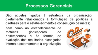Processos Gerenciais
São aqueles ligados à estratégia da organização,
diretamente relacionados à formulação de políticas e
diretrizes para o estabelecimento e consecução de metas;
bem como ao estabelecimento de
métricas (indicadores de
desempenho) e às formas de
avaliação dos resultados alcançados
interna e externamente à organização
 