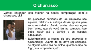 O churrasco
Vamos entender isso melhor na nossa comparação com o
churrasco, ok?
• Os processos primários de um churrasco são
aqueles relativos à entrega dessa iguaria para
seus convidados. Sendo assim, eles começam
bem antes, quando você faz as compras, isso
pode incluir até o carvão e os espetos
adequados.
• Evidentemente, a receita de seu churrasco é
fundamental. Quanto de sal deve ser colocado,
se alguma carne fica de molho, quanto tempo no
fogo, sua temperatura, etc.
 