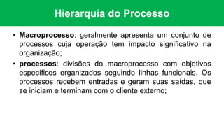 Hierarquia do Processo
• Macroprocesso: geralmente apresenta um conjunto de
processos cuja operação tem impacto significativo na
organização;
• processos: divisões do macroprocesso com objetivos
específicos organizados seguindo linhas funcionais. Os
processos recebem entradas e geram suas saídas, que
se iniciam e terminam com o cliente externo;
 