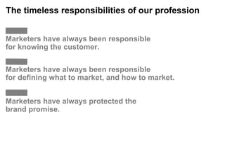 The timeless responsibilities of our profession


Marketers have always been responsible
for knowing the customer.


Marketers have always been responsible
for defining what to market, and how to market.


Marketers have always protected the
brand promise.
 