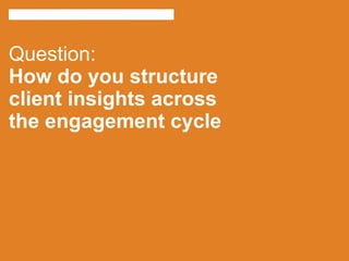 Question:
How do you structure
client insights across
the engagement cycle
 
