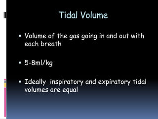 Tidal Volume
 Volume of the gas going in and out with
each breath
 5-8ml/kg
 Ideally inspiratory and expiratory tidal
volumes are equal
 