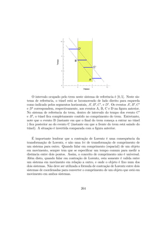 O intervalo ocupado pelo trem neste sistema de referência é [0, 5]. Neste sis-
tema de referência, o túnel está se locomovendo de lado direito para esquerda
como indicado pelos segmentos horizontais, A0
, B0
, C0
, e D0
. Os eventos A0
, B0
, C0
e D0
correspondem, respectivamente, aos eventos A, B, C e D na ﬁgura anterior.
No sistema de referência do trem, dentro de intervalo do tempo dos evento C0
e B0
, o túnel ﬁca completamente contido no comprimento do trem. Entretanto,
note que o evento B (instante em que o ﬁnal do trem começa a entrar no túnel
) ﬁca posterior ao do evento C (instante em que a frente do trem está saindo do
túnel). A situação é invertida comparada com a ﬁgura anterior.
É importante lembrar que a contração de Lorentz é uma consequência da
transformação de Lorentz, e não uma lei de transformação de comprimento de
um sistema para outro. Quando falar em comprimento (espacial) de um objeto
em movimento, sempre tem que se especiﬁcar um tempo comum para medir a
distância entre dois pontos. Assim, o conceito de comprimento não é universal.
Além disto, quando falar em contração de Lorentz, esta somente é valida entre
um sistema em movimento em relação a outro, e onde o objeto é ﬁxo num dos
dois sistemas. Não deve ser utilizada a fórmula de contração de Lorentz entre dois
sistemas de coordenadas para converter o comprimento de um objeto que está em
movimento em ambos sistemas.
264
 