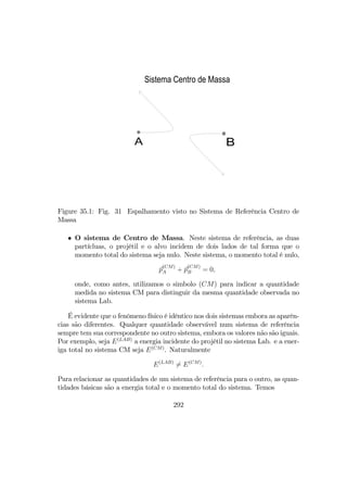 A B
Sistema Centro de Massa
Figure 35.1: Fig. 31 Espalhamento visto no Sistema de Referência Centro de
Massa
• O sistema de Centro de Massa. Neste sistema de referência, as duas
partícluas, o projétil e o alvo incidem de dois lados de tal forma que o
momento total do sistema seja nulo. Neste sistema, o momento total é nulo,
p
(CM)
A + p
(CM)
B = 0,
onde, como antes, utilizamos o simbolo (CM) para indicar a quantidade
medida no sistema CM para distinguir da mesma quantidade observada no
sistema Lab.
É evidente que o fenômeno físico é idêntico nos dois sistemas embora as aparên-
cias são diferentes. Qualquer quantidade observável num sistema de referência
sempre tem sua correspondente no outro sistema, embora os valores não são iguais.
Por exemplo, seja E(LAB)
a energia incidente do projétil no sistema Lab. e a ener-
iga total no sistema CM seja E(CM)
. Naturalmente
E(LAB)
6= E(CM)
.
Para relacionar as quantidades de um sistema de referência para o outro, as quan-
tidades básicas são a energia total e o momento total do sistema. Temos
292
 