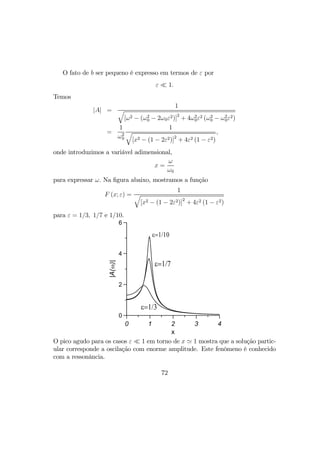 O fato de b ser pequeno é expresso em termos de ε por
ε ¿ 1.
Temos
|A| =
1
q
[ω2 − (ω2
0 − 2ω0ε2)]
2
+ 4ω2
0ε2 (ω2
0 − ω2
0ε2)
=
1
ω2
0
1
q
[x2 − (1 − 2ε2)]2
+ 4ε2 (1 − ε2)
,
onde introduzimos a variável adimensional,
x =
ω
ω0
para expressar ω. Na ﬁgura abaixo, mostramos a função
F (x; ε) =
1
q
[x2 − (1 − 2ε2)]2
+ 4ε2 (1 − ε2)
para ε = 1/3, 1/7 e 1/10.
0 1 2 3 4
x
0
2
4
6
|A(ω)|
ε=1/10
ε=1/7
ε=1/3
O pico agudo para os casos ε ¿ 1 em torno de x ' 1 mostra que a solução partic-
ular corresponde a oscilação com enorme amplitude. Este fenômeno é conhecido
com a ressonância.
72
 
