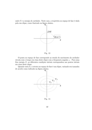 onde E é a energia do oscilador. Neste caso, a trajetória no espaço de fase é dada
pela um elipse, como ilustrado na ﬁgura abaixo.
x
p
√2E/(m ω2
)
√2mE
Fig. 13
O ponto no espaço de fase corresponde ao estado do movimento do oscilador
circula com o tempo em cima deste elipse com a frequencia angular ω. Para uma
ﬁxa energia E, as diferentes condições iniciais correspondem aos pontos iniciais
em cima deste elipse.
Quando varia E, o retrato no espaço de fase é um elipse, variando seu tamanho
de acordo como indicado na ﬁgura abaixo.
x
p
E1
E2
E3
Fig. 14
97
 