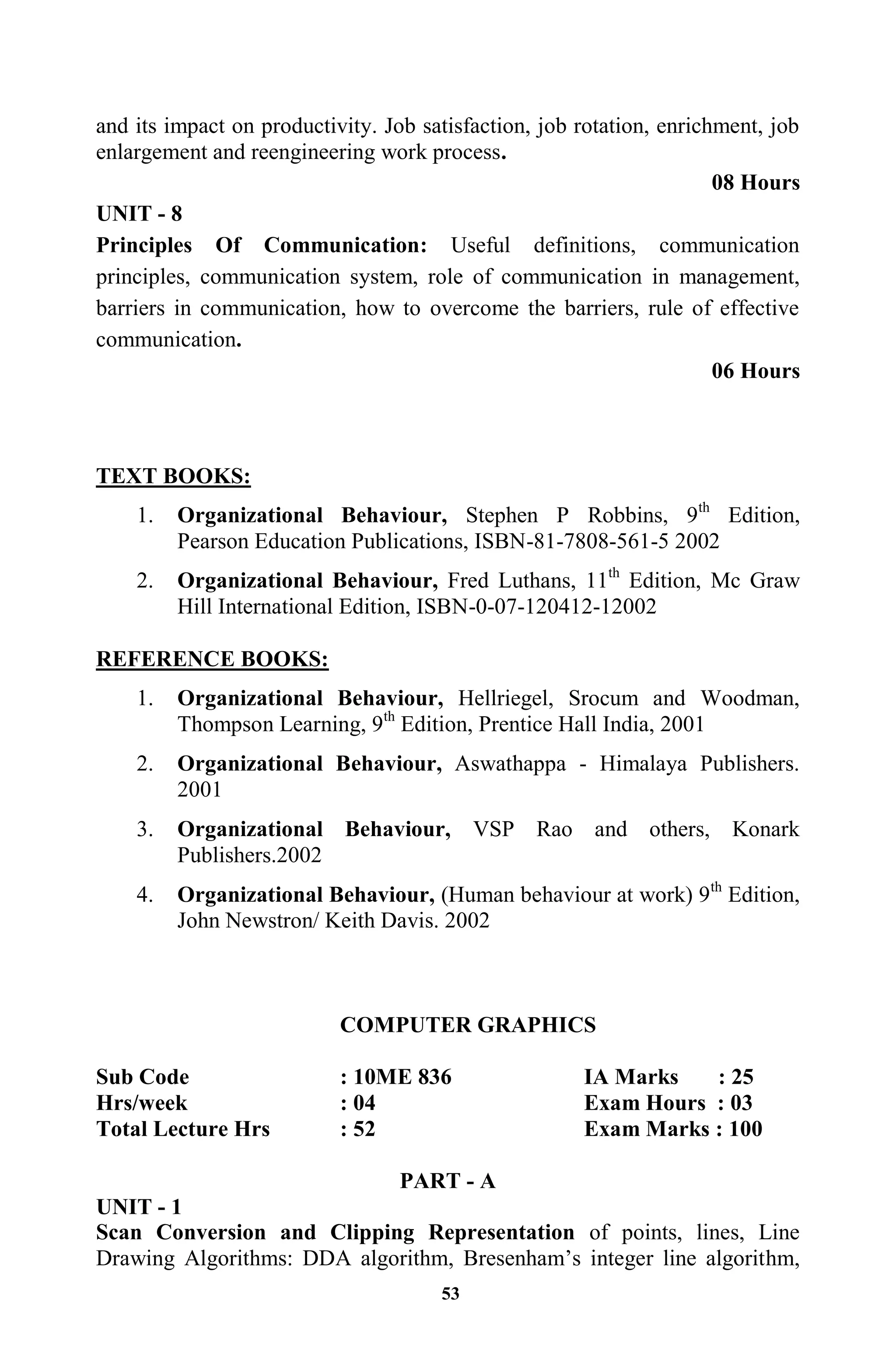 53
and its impact on productivity. Job satisfaction, job rotation, enrichment, job
enlargement and reengineering work process.
08 Hours
UNIT - 8
Principles Of Communication: Useful definitions, communication
principles, communication system, role of communication in management,
barriers in communication, how to overcome the barriers, rule of effective
communication.
06 Hours
TEXT BOOKS:
1. Organizational Behaviour, Stephen P Robbins, 9th
Edition,
Pearson Education Publications, ISBN-81-7808-561-5 2002
2. Organizational Behaviour, Fred Luthans, 11th
Edition, Mc Graw
Hill International Edition, ISBN-0-07-120412-12002
REFERENCE BOOKS:
1. Organizational Behaviour, Hellriegel, Srocum and Woodman,
Thompson Learning, 9th
Edition, Prentice Hall India, 2001
2. Organizational Behaviour, Aswathappa - Himalaya Publishers.
2001
3. Organizational Behaviour, VSP Rao and others, Konark
Publishers.2002
4. Organizational Behaviour, (Human behaviour at work) 9th
Edition,
John Newstron/ Keith Davis. 2002
COMPUTER GRAPHICS
Sub Code : 10ME 836 IA Marks : 25
Hrs/week : 04 Exam Hours : 03
Total Lecture Hrs : 52 Exam Marks : 100
PART - A
UNIT - 1
Scan Conversion and Clipping Representation of points, lines, Line
Drawing Algorithms: DDA algorithm, Bresenham‟s integer line algorithm,
 