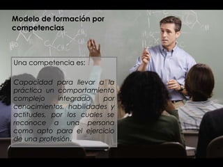 Modelo de formación por competencias Una competencia es: Capacidad para llevar a la práctica un comportamiento complejo integrado por conocimientos, habilidades y actitudes, por los cuales se reconoce a una persona como apto para el ejercicio de una profesión .  