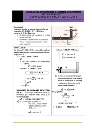 PARES, PARES EQUIVALENTES Y SISTEMAS EQUIVALENTES
MATERIAL DE APOYO
CATEDRATICO: ING. CESAR GARCÍA NAJERA
Problema 1
Un soporte angular se sujeta al sistema de fuerzas
mostrados (120 N, 600 N a 30° y 100 N) y un
momento de 37 N-m. Determine:
a) Un sistema fuerza - par equivalente en A al de
la carga mostrada.
b) Determine la fuerza resultante equivalente del
sistema y especifique su localización medida
desde el punto A.
〈 〉 〈 〉
〈 〉
〈 〉
( )( ) ̂
( )( ) ̂
( )( ) ̂
̂
RESOLUCION:
Un sistema FUERZA-PAR en A, está formado por
una fuerza resultante en y el momento resultante
respecto de A.
1. FUERZA RESULTANTE
MAGNITUD Y DIRECCION
| |
MOMENTO RESULTANTE RESPECTO
DE A: Es la suma vectorial de todos los
momentos que producen cada fuerza y el
momento ya dado.
̂
| |
| |
Sistema FUERZA-PAR en A
̂
| |
A D
b) Se tiene la fuerza resultante y el
momento resultante en A, para el
punto de localización de la fuerza
resultante, se determina con la
definición de momento.
Despejando r
Medido de A
 