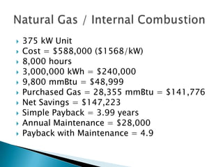    375 kW Unit
   Cost = $588,000 ($1568/kW)
   8,000 hours
   3,000,000 kWh = $240,000
   9,800 mmBtu = $48,999
   Purchased Gas = 28,355 mmBtu = $141,776
   Net Savings = $147,223
   Simple Payback = 3.99 years
   Annual Maintenance = $28,000
   Payback with Maintenance = 4.9
 