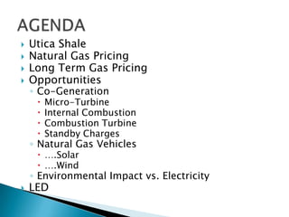    Utica Shale
   Natural Gas Pricing
   Long Term Gas Pricing
   Opportunities
    ◦ Co-Generation
        Micro-Turbine
        Internal Combustion
        Combustion Turbine
        Standby Charges
    ◦ Natural Gas Vehicles
      ….Solar
      ….Wind
    ◦ Environmental Impact vs. Electricity
   LED
 