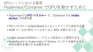 GPUノードにおける整理
Hypervisor/Container でGPUを動かすために
• HypervisorではPCI パススルー で、Containerでは nvidia
docker で利用可能
• PCI パススルーはOpenStackコンピュートノードに設定が必要
• KVM ベースの GPU インスタンスに GPU を割り当てる
• nvidia dockerは特別なハードウェア設定なしに使用できる
• OpenStackから Kubernetes や Docker コンテナを操作するた
めの仕組みを導入する必要がある
13
 