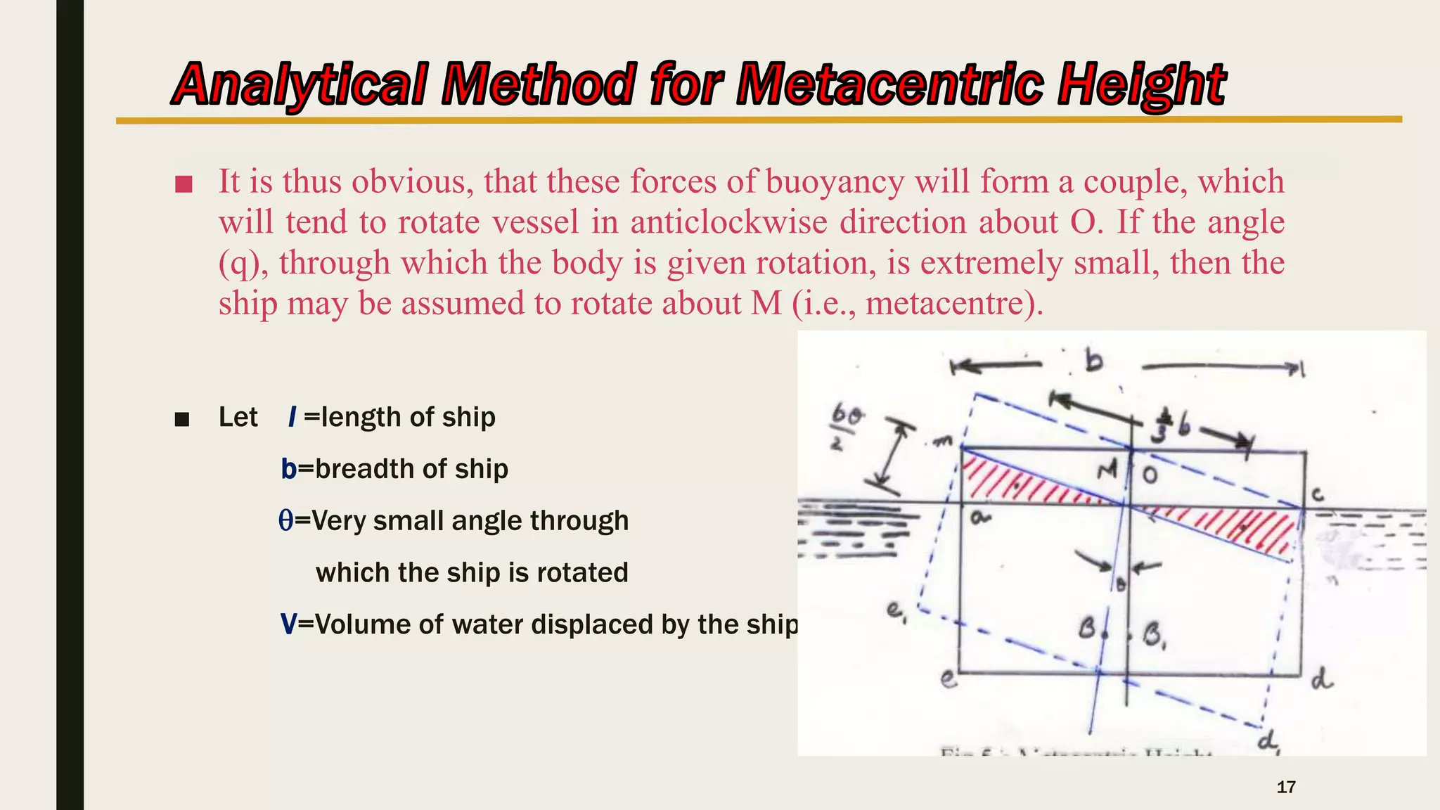 ■ It is thus obvious, that these forces of buoyancy will form a couple, which
will tend to rotate vessel in anticlockwise direction about O. If the angle
(q), through which the body is given rotation, is extremely small, then the
ship may be assumed to rotate about M (i.e., metacentre).
■ Let l =length of ship
b=breadth of ship
q=Very small angle through
which the ship is rotated
V=Volume of water displaced by the ship
17
 