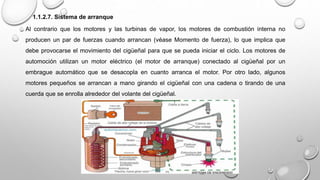 1.1.2.7. Sistema de arranque
Al contrario que los motores y las turbinas de vapor, los motores de combustión interna no
producen un par de fuerzas cuando arrancan (véase Momento de fuerza), lo que implica que
debe provocarse el movimiento del cigüeñal para que se pueda iniciar el ciclo. Los motores de
automoción utilizan un motor eléctrico (el motor de arranque) conectado al cigüeñal por un
embrague automático que se desacopla en cuanto arranca el motor. Por otro lado, algunos
motores pequeños se arrancan a mano girando el cigüeñal con una cadena o tirando de una
cuerda que se enrolla alrededor del volante del cigüeñal.
 