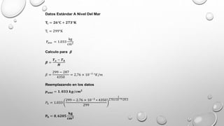 Datos Estándar A Nivel Del Mar
𝐓𝐢 = 𝟐𝟔°𝐂 + 𝟐𝟕𝟑°𝐊
Ti = 299°K
Patm = 1.033
kg
cm2
Calculo para 𝜷
𝜷 =
𝑻𝒐 − 𝑻𝒉
𝑯
𝛽 =
299 − 287
4350
= 2,76 × 10−3
°𝐾/𝑚
Reemplazando en los datos
𝒑𝒂𝒎𝒕 = 𝟏. 𝟎𝟑𝟑 𝒌𝒈/𝒄𝒎𝟐
𝑃ℎ = 1.033
299 − 2.76 × 10−3
∗ 4350
299
1
2.76×10−3∗29.3
𝐏𝐡 = 𝟎, 𝟔𝟐𝟎𝟓
𝐤𝐠
𝐜𝐦𝟐
 