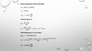 Datos Estándar A Nivel Del Mar
𝐓𝐢 = 𝟐𝟔°𝐂 + 𝟐𝟕𝟑°𝐊
Ti = 299°K
Patm = 1.033
kg
cm2
Calculo para 𝜷
𝜷 =
𝑻𝒐 − 𝑻𝒉
𝑯
𝛽 =
299 − 287
4350
= 2,76 × 10−3
°𝐾/𝑚
Reemplazando en los datos
𝒑𝒂𝒎𝒕 = 𝟏. 𝟎𝟑𝟑 𝒌𝒈/𝒄𝒎𝟐
𝑃ℎ = 1.033
299 − 2.76 × 10−3
∗ 4350
299
1
2.76×10−3∗29.3
𝐏𝐡 = 𝟎, 𝟔𝟐𝟎𝟓
𝐤𝐠
𝐜𝐦𝟐
 