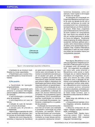 ESPECIAL 
Figura 2 - Uma representação esquemática da Mecatrônica. 
· facilidade de se introduzir modi-ficações 
ou novas capacidades; 
· flexibilidade para receber futu-ras 
modificações ou novas funciona-lidades. 
b) No produto: 
· flexibilidade de operação: 
programabilidade; 
· inteligência: capacidade para 
sensoriar e processar informações 
para se adaptar a diferentes condições 
de operação; 
· auto-monitoração e prevenção 
ativa de acidentes; 
· auto-diagnóstico em caso de 
falhas; 
· redução do custo de manuten-ção 
e consumo de energia; 
· elevado grau de precisão e 
confiabilidade. 
Vejamos alguns exemplos de como 
esses resultados são possíveis, den-tro 
da área de Automação Industrial. 
Sistemas tais como máquinas fer-ramentas 
e máquinas de manufatura 
em geral eram compostos por meca-nismos 
para sincronização de movi-mentos 
e normalmente acionados por 
um só atuador (em geral, um motor 
elétrico). A grande complexidade dos 
mecanismos exigia precisão elevada 
para diminuir folgas e dispositivos de 
lubrificação para reduzir atritos. Essas 
máquinas sofreram um grande desen-volvimento, 
com a introdução do con-trole 
numérico computadorizado 
(CNC), possibilitando a obtenção de 
peças com formas tridimensionais 
complexas. Os Controladores Lógicos 
Programáveis (CLP) possibilitaram 
grandes modificações na indústria 
com a automação de processos, me-lhorando 
o desempenho e a qualida-de 
dos produtos. 
A utilização de mecanismos elás-ticos 
tem se tornado uma realidade 
e possibilita a eliminação de juntas 
articuladas, por exemplo. Estrutu-ras 
flexíveis podem ser controladas, 
através de sensores e atuadores 
montados ao longo dessas estrutu-ras, 
passando a apresentar compor-tamentos 
desejados, como por 
exemplo, maior rigidez e eliminação 
de modos de vibração. 
As aplicações de computação em 
Engenharia Mecânica evoluíram a par-tir 
do início da década de 80 com a 
evolução vertiginosa do poder de 
processamento dos computadores, 
acompanhado por um imenso declínio 
de preços. Antes disso, programas 
para análise estrutural, térmica ou flui-da 
eram rodados em computadores 
tipo main frame com entrada de da-dos 
em cartões perfurados e saídas 
em forma de listagens. Atualmente 
esses programas de análise oferecem 
excelentes interfaces gráficas para o 
usuário, tanto relacionadas à entrada 
de dados como apresentação dos re-sultados. 
Hoje, modelos matemáticos 
sofisticados e cada vez mais comple-xos 
podem ser simulados mesmo em 
computadores pessoais. 
NÍVEIS 
Para alguns, Mecatrônica é o con-ceito 
de engenharia integrada que uti-liza 
CAD e CAM para gerar um produ-to 
complexo como, por exemplo, um 
robô. Um engenheiro de produção, 
por outro lado, pode entender a 
Mecatrônica como sendo a imple-mentação 
de um sistema flexível de 
manufatura. Um engenheiro, ao pro-jetar 
uma câmara de vídeo, pode 
entendê-la como a utilização de ele-trônica 
numa aplicação Mecânica. Já 
um engenheiro químico pode enten-der 
a Mecatrônica como o controle de 
um processo químico utilizando 
sensores e atuadores, controlados por 
um processador digital. Provavelmen-te 
todos estão corretos, pois a 
Mecatrônica está presente em diferen-tes 
níveis. 
Neste artigo são definidos os se-guintes 
níveis: 
· Componente (por exemplo, circui-tos 
integrados, sensores, atuadores, 
mecanismos); 
· Máquina (máquinas de usi-nagem, 
medição, inspeção, movimen-tação, 
embalagem); 
· Sistema (FMS - flexible manu-facturing 
system, FAS - factory 
automation system, CIM - computer 
integrated manufacturing). 
10 MECATRÔNICA ATUAL Nº1/OUTUBRO-NOVEMBRO/2001 
 