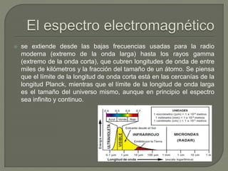  se extiende desde las bajas frecuencias usadas para la radio
moderna (extremo de la onda larga) hasta los rayos gamma
(extremo de la onda corta), que cubren longitudes de onda de entre
miles de kilómetros y la fracción del tamaño de un átomo. Se piensa
que el límite de la longitud de onda corta está en las cercanías de la
longitud Planck, mientras que el límite de la longitud de onda larga
es el tamaño del universo mismo, aunque en principio el espectro
sea infinito y continuo.
 