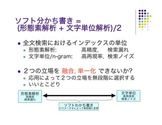 ソフト分かち書き =
(形態素解析 + 文字単位解析)/2
 全文検索におけるインデックスの単位
   形態素解析:           高精度, 　 検索漏れ
   文字単位/n-gram:     高再現率, 検索ノイズ

 ２つの立場を 融合, 単一化 できないか?
   応用によって２つの立場を無段階に選択する
   いいとこどり
 形態素解析                        文字単位
 高精度                           高再現率
 検索漏れ                         検索ノイズ

            ソフトわかち書き
           パラメータθによって無段階に変更
 