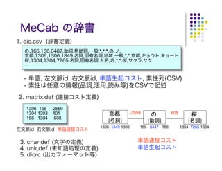 MeCab の辞書
1. dic.csv (辞書定義)
  の,166,166,8487,助詞,格助詞,一般,*,*,*,の,ノ,
  京都,1306,1306,1849,名詞,固有名詞,地域,一般,*,*,京都,キョウト,キョート
  桜,1304,1304,7265,名詞,固有名詞,人名,名,*,*,桜,サクラ,サク
  ....


  - 単語, 左文脈id, 右文脈id, 単語生起コスト, 素性列(CSV)
  - 素性は任意の情報(品詞,活用,読み等)をCSVで記述
2. matrix.def (連接コスト定義)
   1306 166 -2559
   1304 1303 401                           -2559              608
   166 1304 608
                             [     ]               [   ]                [    ]
                          1306 1849 1306       166 8447 166         1304 7265 1304
左文脈id 右文脈id 単語連接コスト

 3. char.def (文字の定義)                          単語連接コスト
 4. unk.def (未知語処理の定義)                        単語生起コスト
 5. dicrc (出力フォーマット等)
 