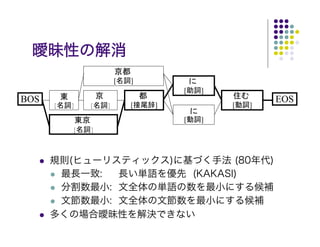 曖昧性の解消
                      [   ]
                                  [   ]
BOS                                               EOS
      [   ]   [   ]       [   ]           [   ]

                                  [   ]
          [   ]



      規則(ヒューリスティックス)に基づく手法 (80年代)
       最長一致:  長い単語を優先 (KAKASI)
       分割数最小: 文全体の単語の数を最小にする候補
       文節数最小: 文全体の文節数を最小にする候補
      多くの場合曖昧性を解決できない
 