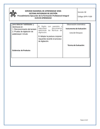 SERVICIO NACIONAL DE APRENDIZAJE SENA
SISTEMA INTEGRADO DE GESTIÓN
Procedimiento Ejecución de la Formación Profesional Integral
GUÍA DE APRENDIZAJE
Versión:02
Código:GFPI-F-019
Página 6 de9
para detectar habilidades y
destrezas en:
1. Reconocimiento del teclado
2. Prueba de digitación de
palabraspor minuto
Evidencias de Producto:
2. Digita con precisión y
velocidad documentos
aplicando las Técnicas de
digitación.
3. Adopta la postura corporal
requerida durante el proceso
de digitación.
Observación sistemática
Instrumento de Evaluación:
Lista de Chequeo
Técnica de Evaluación:
 