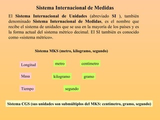 Sistema Internacional de Medidas El  Sistema Internacional de Unidades  (abreviado  SI  ), también denominado  Sistema Internacional de Medidas , es el nombre que recibe el sistema de unidades que se usa en la mayoría de los países y es la forma actual del sistema métrico decimal. El SI también es conocido como «sistema métrico». Sistema MKS (metro, kilogramo, segundo) Sistema CGS (sus unidades son submúltiplos del MKS: centímetro, gramo, segundo) Longitud Masa Tiempo metro centímetro kilogramo gramo segundo 
