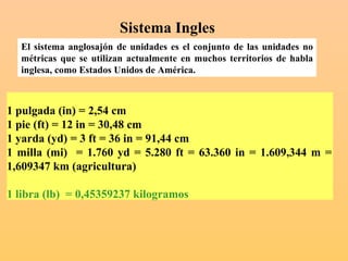 1 pulgada (in) = 2,54 cm  1 pie (ft) = 12 in = 30,48 cm  1 yarda (yd) = 3 ft = 36 in = 91,44 cm  1 milla (mi)  = 1.760 yd = 5.280 ft = 63.360 in = 1.609,344 m = 1,609347 km (agricultura) 1 libra (lb)  = 0,45359237 kilogramos   Sistema Ingles El sistema anglosajón de unidades es el conjunto de las unidades no métricas que se utilizan actualmente en muchos territorios de habla inglesa, como Estados Unidos de América.  