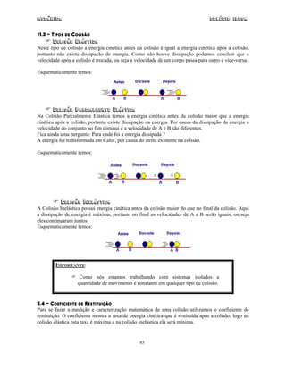 Mecânica                                                                          Colégio IDESA

11.3 – TIPOS DE COLISÃO
       COLISøO EL◊STICA
Neste tipo de colisão a energia cinética antes da colisão é igual a energia cinética após a colisão,
portanto não existe dissipação de energia. Como não houve dissipação podemos concluir que a
velocidade após a colisão é trocada, ou seja a velocidade de um corpo passa para outro e vice-versa.

Esquematicamente temos:




       COLISøO PARCIALMENTE EL◊STICA
Na Colisão Parcialmente Elástica temos a energia cinética antes da colisão maior que a energia
cinética após a colisão, portanto existe dissipação da energia. Por causa da dissipação da energia a
velocidade do conjunto no fim diminui e a velocidade de A e B são diferentes.
Fica ainda uma pergunta: Para onde foi a energia dissipada ?
A energia foi transformada em Calor, por causa do atrito existente na colisão.

Esquematicamente temos:




           COLISøO INEL◊STICA
A Colisão Inelástica possui energia cinética antes da colisão maior do que no final da colisão. Aqui
a dissipação de energia é máxima, portanto no final as velocidades de A e B serão iguais, ou seja
eles continuaram juntos.
Esquematicamente temos:




        IMPORTANTE:

                    Como nós estamos trabalhando com sistemas isolados a
                   quantidade de movimento é constante em qualquer tipo de colisão.


5.4 – COEFICIENTE DE RESTITUIÇÃO
Para se fazer a medição e caracterização matemática de uma colisão utilizamos o coeficiente de
restituição. O coeficiente mostra a taxa de energia cinética que é restituída após a colisão, logo na
colisão elástica esta taxa é máxima e na colisão inelástica ela será mínima.


                                                 85
 