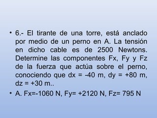 • 6.- El tirante de una torre, está anclado
  por medio de un perno en A. La tensión
  en dicho cable es de 2500 Newtons.
  Determine las componentes Fx, Fy y Fz
  de la fuerza que actúa sobre el perno,
  conociendo que dx = -40 m, dy = +80 m,
  dz = +30 m..
• A. Fx=-1060 N, Fy= +2120 N, Fz= 795 N
 