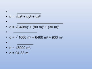 •        ____________
•   d = √dx² + dy² + dz²
•        _______________________
•   d = √(-40m)2 + (80 m)2 + (30 m)2
•     ____________________________________

•   d = √ 1600 m2 + 6400 m2 + 900 m2.
•        ________
•   d = √8900 m2.
•   d = 94.33 m
 