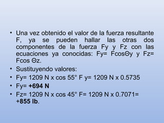 • Una vez obtenido el valor de la fuerza resultante
  F, ya se pueden hallar las otras dos
  componentes de la fuerza Fy y Fz con las
  ecuaciones ya conocidas: Fy= FcosΘy y Fz=
  Fcos Θz.
• Sustituyendo valores:
• Fy= 1209 N x cos 55° F y= 1209 N x 0.5735
• Fy= +694 N
• Fz= 1209 N x cos 45° F= 1209 N x 0.7071=
  +855 lb.
 